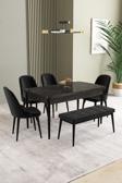 Ikon Siyah Mermer 80x132 Açılabilir Mdf Masa Yemek Odası Takımı, Mutfak Takımı 4 Sandalye, 1 Bench