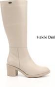 Kadın Bej Fermuarlı Kalın Topuklu Hakiki Deri Çizme