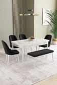 Ikon Beyaz Mermer 80x132 Açılabilir Mdf Masa Yemek Odası Takımı, Mutfak Takımı 4 Sandalye, 1 Bench