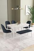Ikon Beyaz Mermer 80x132 Açılabilir Mdf Masa Yemek Odası Takımı, Mutfak Takımı 4 Sandalye, 1 Bench