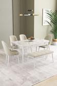 Ikon Beyaz Mermer 80x132 Açılabilir Mdf Masa Yemek Odası Takımı, Mutfak Takımı 4 Sandalye, 1 Bench