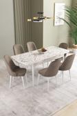 Ikon Beyaz Mermer 80x132 Açılabilir Mdf Masa Yemek Odası Takımı, Mutfak Takımı 6 Adet Sandalye