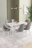Ikon Beyaz Mermer 80x132 Açılabilir Mdf Masa Yemek Odası Takımı, Mutfak Takımı 6 Adet Sandalye