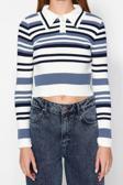 Stil Modern Kadın Crop Standart Kol Polo Yaka Çizgili Triko Kazak