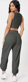 Kadın Antrasit Gri Kaşkorse Cepli Jogger Eşofman Altı ve Crop Top Bluz