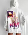 Baskılı Üç İplik Kapüşonlu Oversize Sweatshirt - Beyaz
