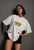 Unisex Bisiklet Yaka Baskılı Oversize T-Shirt - Beyaz