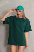 Unisex Bisiklet Yaka 20/1 Düz Oversize T-Shirt - Yeşil