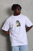 Unisex Oversize Baskılı Bisiklet Yaka T-Shirt - Beyaz
