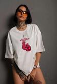 Unisex Bisiklet Yaka Baskılı Oversize T-Shirt - Beyaz