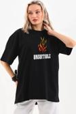 Unisex Bisiklet Yaka Baskılı Oversize T-Shirt - Siyah