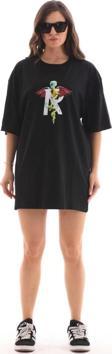 Unisex Bisiklet Yaka Baskılı Oversize T-Shirt - Siyah