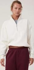Oversize Yarım Farmuarlı Yakalı Basic SweatShirt - Beyaz