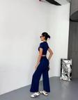 Osy Modal Yumuşak Dokulu Kumaş Kısa Kollu Crop Alt ispanyol Paça Pantalon ikili Takım - Lacivert