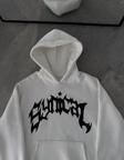 Üç İplik Kapüşonlu Baskılı Oversize SweatShirt- Beyaz