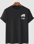 20/1 Penye Compack Palmiye Ön Baskılı Oversize Bisiklet Yaka Kısa Kol Yazlık T-shirt - Siyah