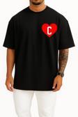 Oversize Kalp İçinde C Harfi Cep Tasarımlı Unisex T-Shirt