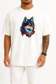 Oversize Wolf Face Logo Mascot Göğüs ve Sırt Tasarımlı Unisex T-Shirt