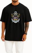 Oversize Mustache Skull Pirate Göğüs ve Sırt Tasarımlı Unisex T-Shirt