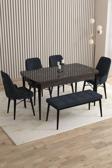 Mazaka Siyah Mermer 80x132 Açılabilir Mdf Masa Yemek Odası Takımı, Mutfak Takımı 4 Sandalye 1 Bench