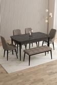 Mazaka Siyah Mermer 80x132 Açılabilir Mdf Masa Yemek Odası Takımı, Mutfak Takımı 4 Sandalye 1 Bench