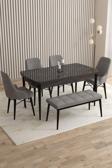 Mazaka Siyah Mermer 80x132 Açılabilir Mdf Masa Yemek Odası Takımı, Mutfak Takımı 4 Sandalye 1 Bench