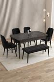 Mazaka Siyah Mermer 80x132 Açılabilir Mdf Masa Yemek Odası Takımı, Mutfak Takımı 4 Sandalye 1 Bench