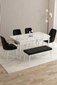 Mazaka Beyaz Mermer 80x132 Açılabilir Mdf Masa Yemek Odası Takımı, Mutfak Takımı 4 Sandalye 1 Bench