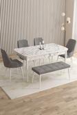 Mazaka Beyaz Mermer 80x132 Açılabilir Mdf Masa Yemek Odası Takımı, Mutfak Takımı 4 Sandalye 1 Bench