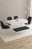 Mazaka Beyaz Mermer 80x132 Açılabilir Mdf Masa Yemek Odası Takımı, Mutfak Takımı 4 Sandalye 1 Bench