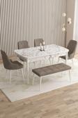 Mazaka Beyaz Mermer 80x132 Açılabilir Mdf Masa Yemek Odası Takımı, Mutfak Takımı 4 Sandalye 1 Bench