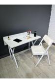 Hey Modüler Mobilya Buse Çalışma Masası Ofis Bilgisayar Masası + Katlanır Sandalyeli 103 cm Metal Beyaz Ayak