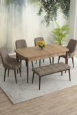 Meri Serisi Meşe Desen 80x132 Açılabilir Mdf Masa Yemek Odası Takımı,Mutfak Takımı 4 Sandalye 1Bench
