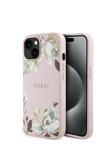 Guess İphone 15 Uyumlu Kılıf Guess Lisanslı M-Safe Özellikli Çiçek Tasarımlı Metal Yazı Logolu Kapak