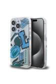 Lacoste İphone 15 Pro Kılıf Lisanslı Magsafe Şarj Özellikli Yamalar Desenli Mavi