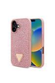 Guess İphone 16 Plus Uyumlu Kılıf Lisanslı Üçgen Logolu Taşlı Kapak Pembe