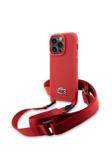 Lacoste İphone 14 Pro Kılıf Lisanslı Pu Pike Desen Askılı İkonik Timsah Dokuma Logo Kırmızı