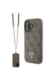 Guess İphone 16 Uyumlu Kılıf Lisanslı Pu Deri Taşlı Metal Üçgen Logo Vücut Askılı 4G Desenli