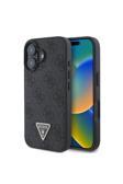 Guess İphone 16 Plus Uyumlu  Kılıf Lisanslı Magsafe Özellikli Pu Deri 4G Desenli Taşlı Üçgen Logolu Siyah