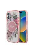 Guess İphone 16 Plus Uyumlu Kılıf Lisanslı Magsafe Özellikli Iml Baskı Yazı Logo Flower Tonal Circle Pembe