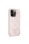 Guess İphone 14 Pro Max Uyumlu Kılıf Lisanslı Pu Deri Taşlı Üçgen Logo 4G Desen Kapak Pembe