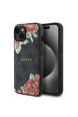 Guess İphone 15 Uyumlu Kılıf Gül Baskılı 4G Desenli Yazı Logolu Kapak Siyah