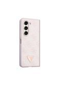 Guess Galaxy Z Fold 5 Uyumlu Kılıf Guess Lisanslı Pu Deri Taşlı Üçgen Logo 4G Desenli Strass Pembe