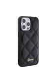 Guess İphone 15 Pro Max Uyumlu Kılıf Lisanslı Pu Deri Metal Yazı Logolu Kapitone Kapak Siyah