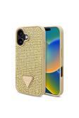 Guess İphone 16 Plus Uyumlu Kılıf Lisanslı Üçgen Logolu Taşlı Kapak Gold