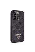 Guess İphone 14 Pro Max Uyumlu Kılıf Lisanslı Pu Deri Taşlı Üçgen Logo 4G Desen Kapak Siyah