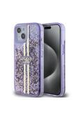 Guess İphone 15 Uyumlu Kılıf Lisanslı Transparan Sıvılı Simli Altın Çizgili Kapak Mor