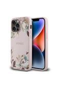 Guess İphone 14 Pro Max Uyumlu Kılıf Lisanslı M-Safe Özellikli Taneli Çiçek Tasarımlı Metal Pembe