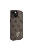 Guess İphone 15 Kılıf Lisanslı Pu Deri Askılı Taşlı Üçgen Logo 4G Desen Strass Crossbody Kahverengi