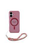 Guess İphone 16 Uyumlu Kılıf Lisanslı Magsafe Özellikli Simli Silikon İnci Bileklikli Pembe
